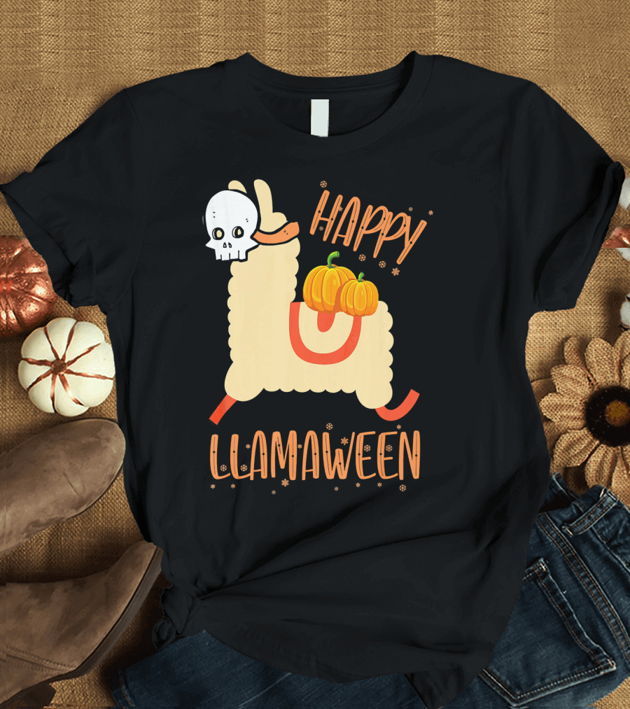 Happy Llamaween Funny Halloween Llama with Pumpkins T-Shirt
