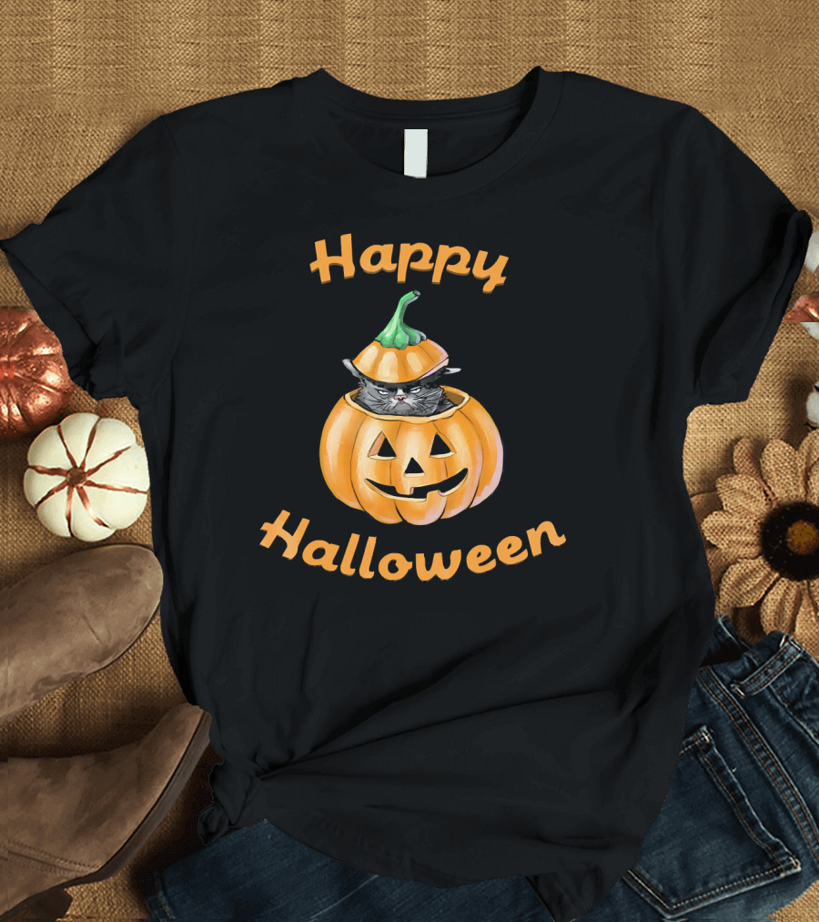 Happy Halloween Funny Cat In Pumpkin T-Shirt
