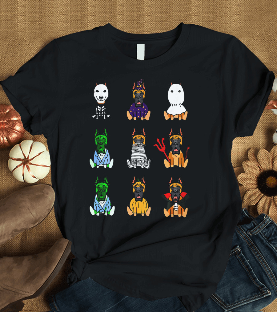 Great Dane Dog Lover Halloween Costume Grid Featuring Skeleton, Witch, Ghost, Frankenstein, Mummy, Devil, Dracula, and More T-Shirt