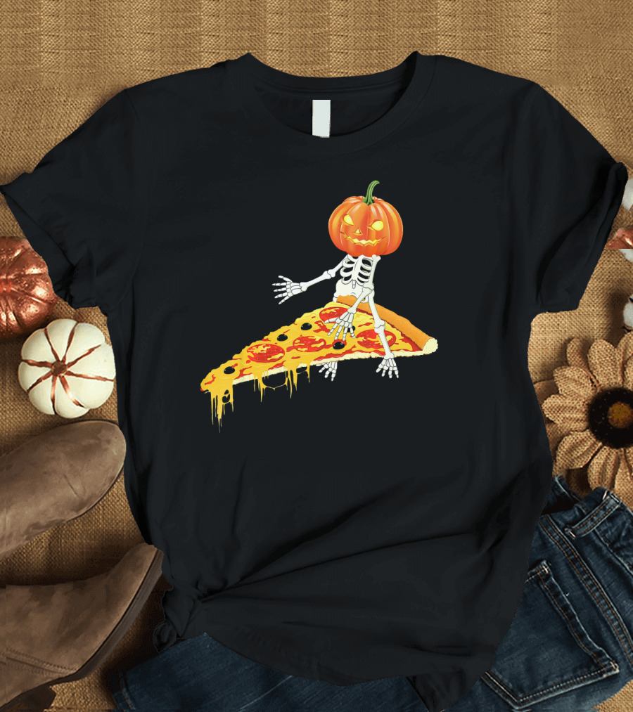 Pumpkin Head Skeleton Sitting on Pizza Slice with Pepperoni T-Shirt