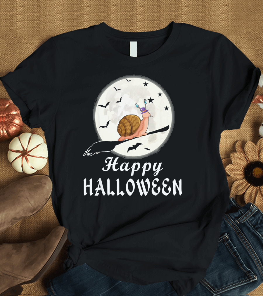 Happy Halloween Snail Riding Broomstick with Full Moon and Bats T-Shirt