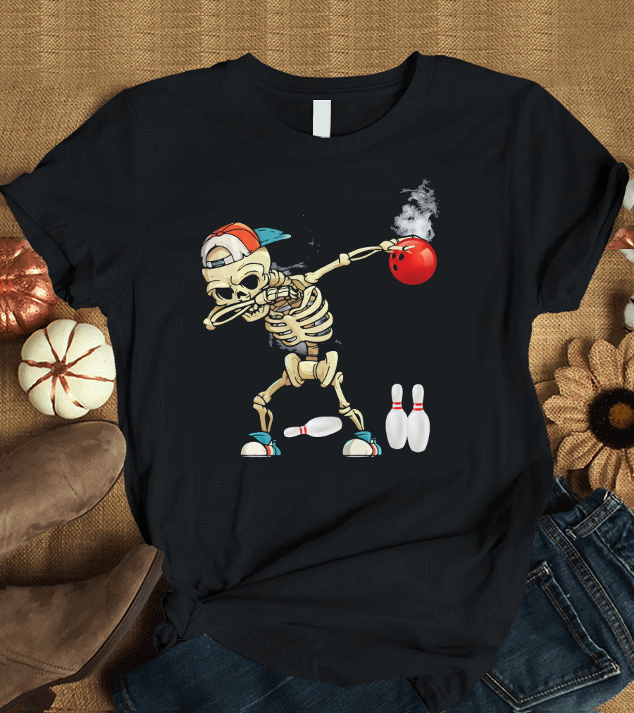 Dabbing Skeleton Holding Red Bowling Ball with Pins T-Shirt
