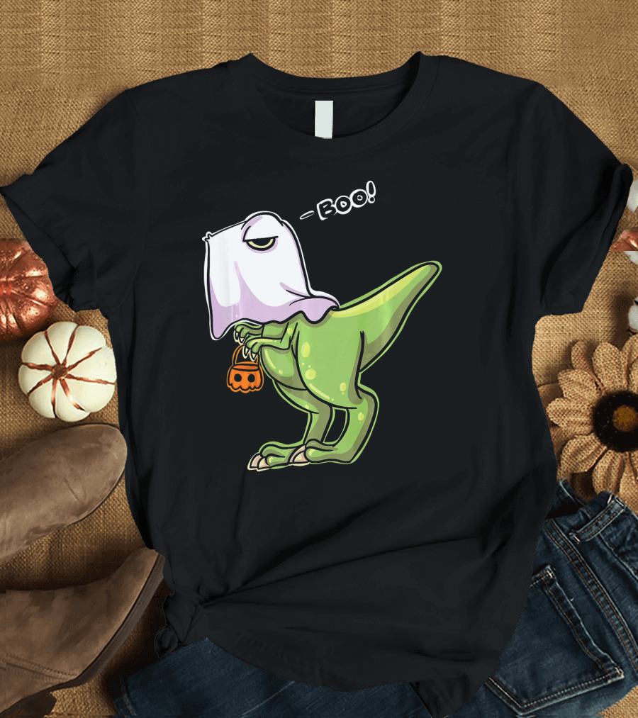 Funny Dinosaur Dressed as Halloween Ghost with Boo Text and Pumpkin T-Shirt