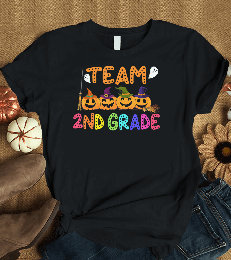 Team 2nd Grade Halloween Pumpkin Crew T-Shirt
