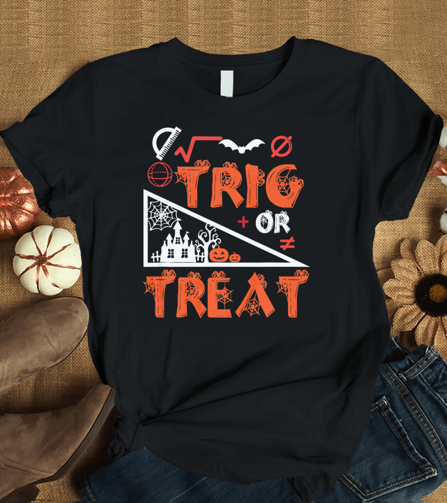 Trig or Treat Math Halloween Costume Concept with Spooky Castle, Spider Webs, and Math Symbols T-Shirt