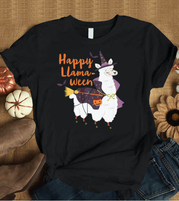 T-Shirt: Happy Llamaween Witchy Halloween Llama with Hat and Broom T-Shirt Happy Llamaween Witchy Halloween Llama with Hat and Broom T-Shirt