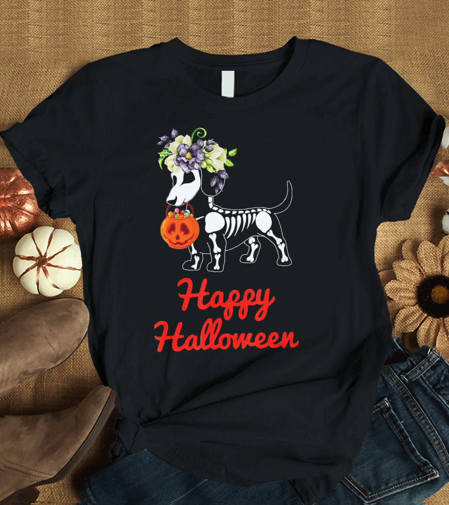 Happy Halloween Skeleton Dachshund with Pumpkin and Floral Crown T-Shirt