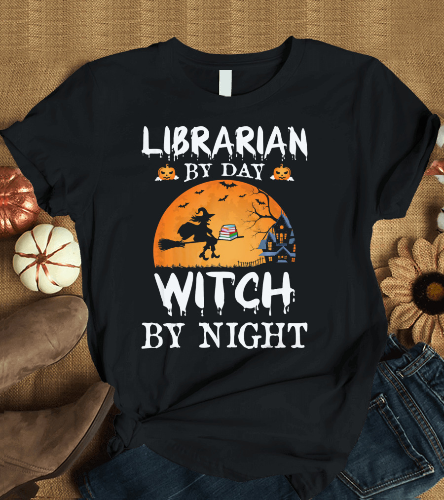 Librarian by Day Witch by Night Halloween Broomstick Silhouette with Books and Haunted House T-Shirt