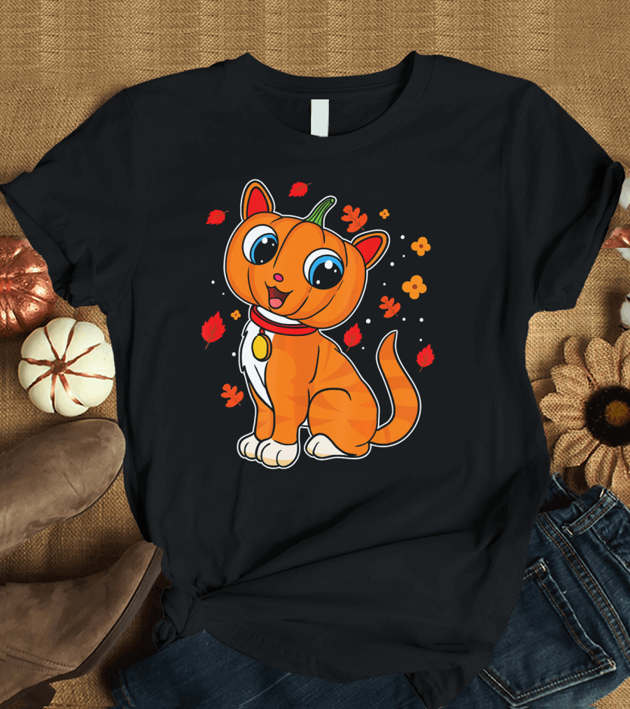 Halloween Pumpkin Cat with Autumn Leaves and Flowers T-Shirt