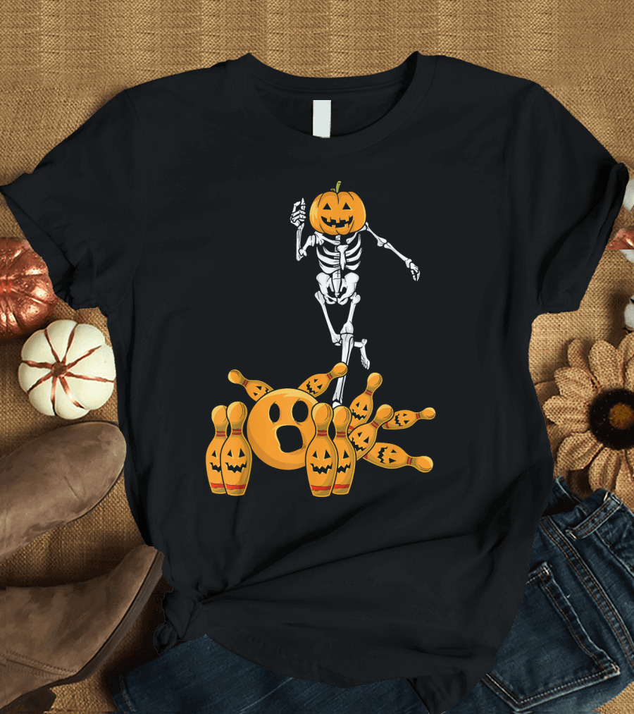 Bones Skeleton Pumpkin Head Halloween Bowling Pin Strike T-Shirt