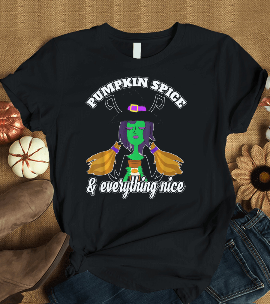 Pumpkin Spice and Everything Nice Witch Green Face Hat Brooms T-Shirt
