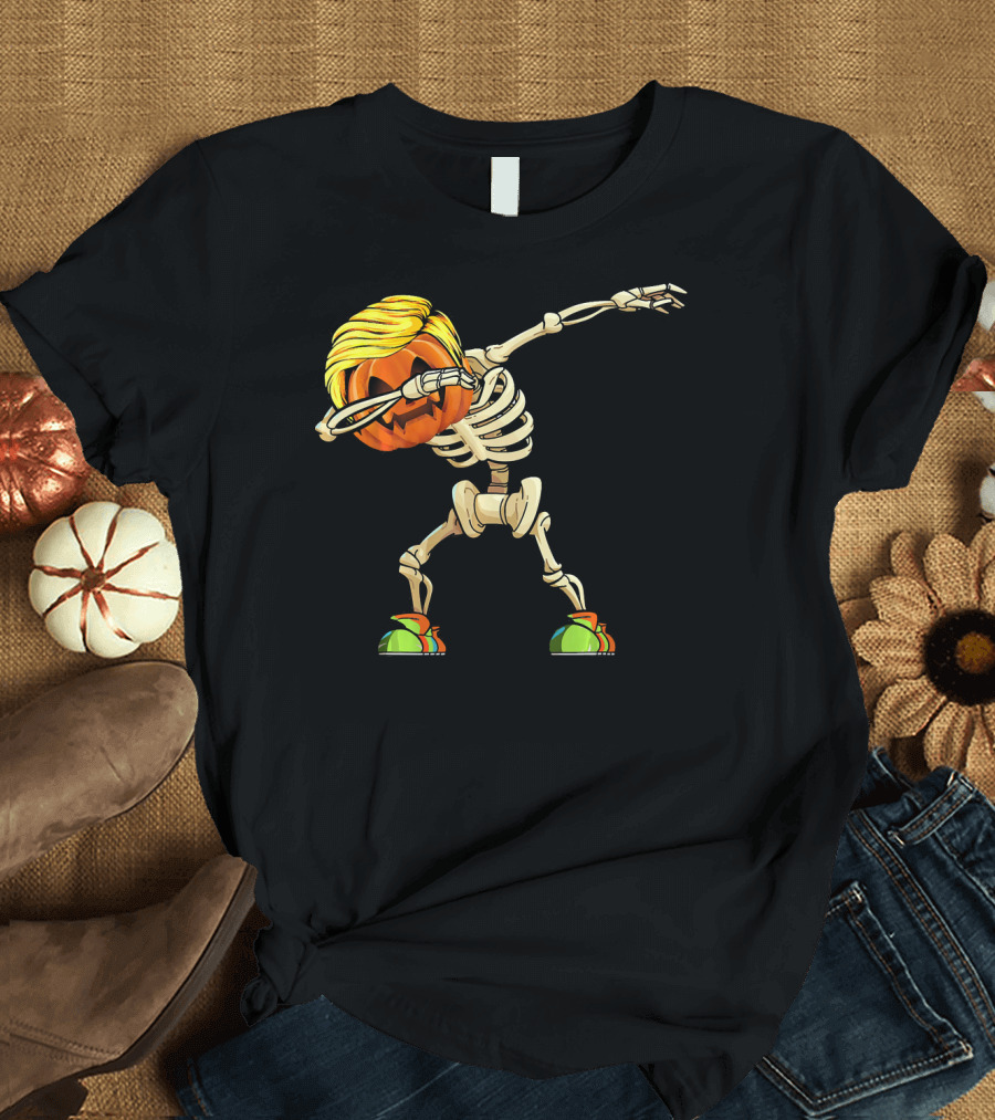 Funny Halloween Dabbing Skeleton Pumpkin with Golden Hair and Colorful Sneakers T-Shirt