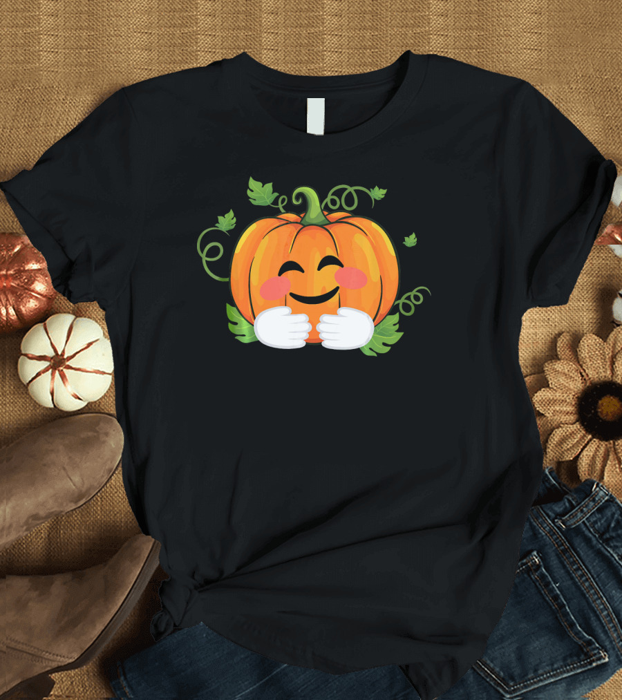 Pumpkin Emoji Big Hugs Smiling Face with Leaves and Vines T-Shirt