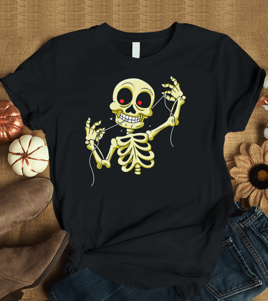 Flossing Skeleton with Red Eyes and Grinning Teeth T-Shirt