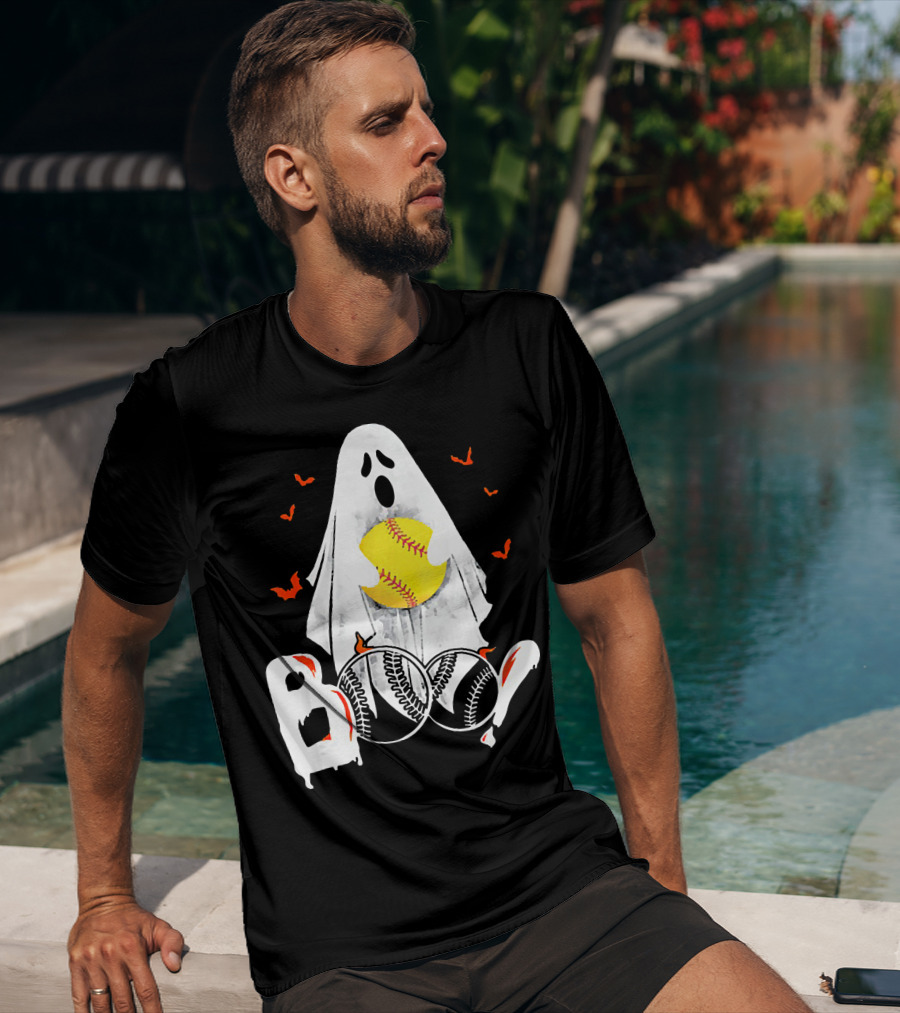 Ghostly Boo Softball With Yellow Softball And Bats T-Shirt