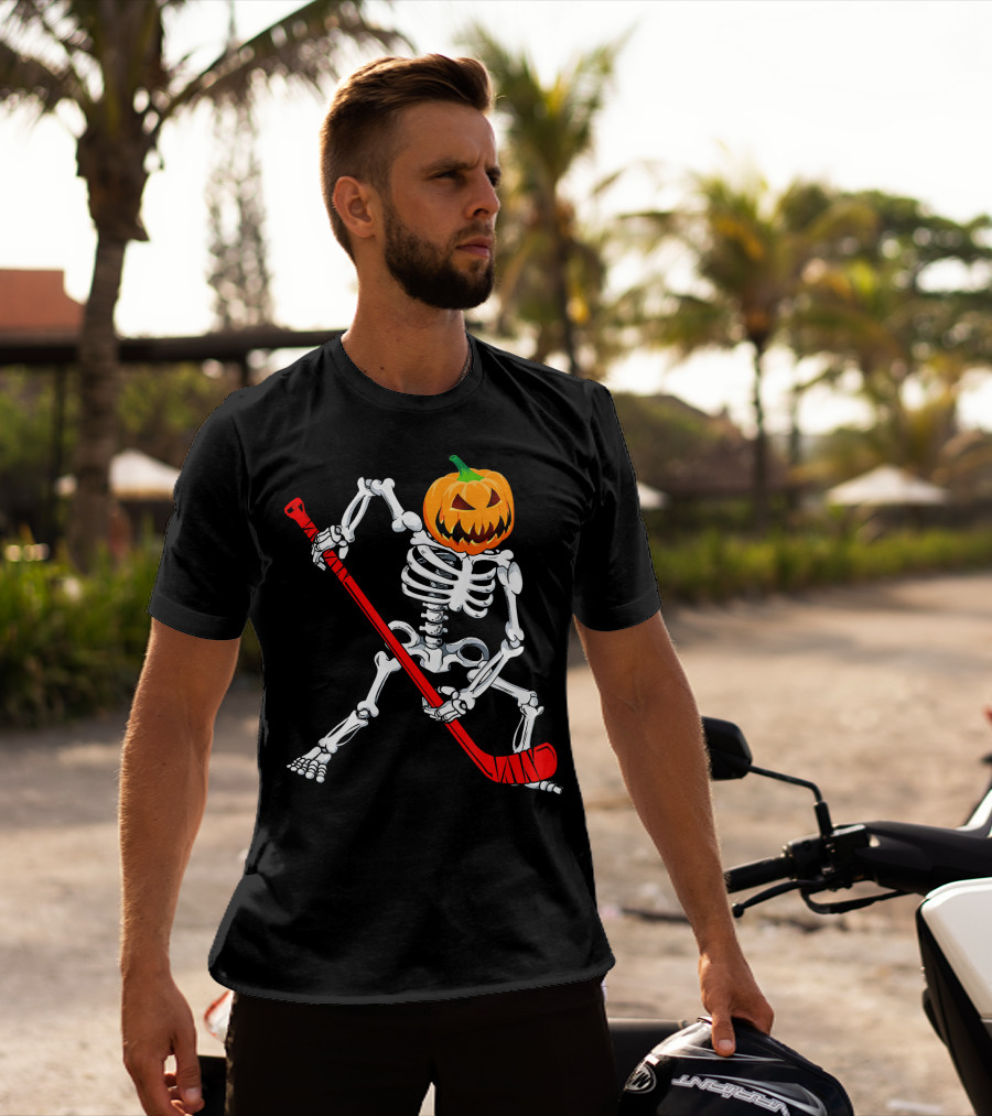 Halloween Skeleton With Pumpkin Head Playing Hockey T-Shirt