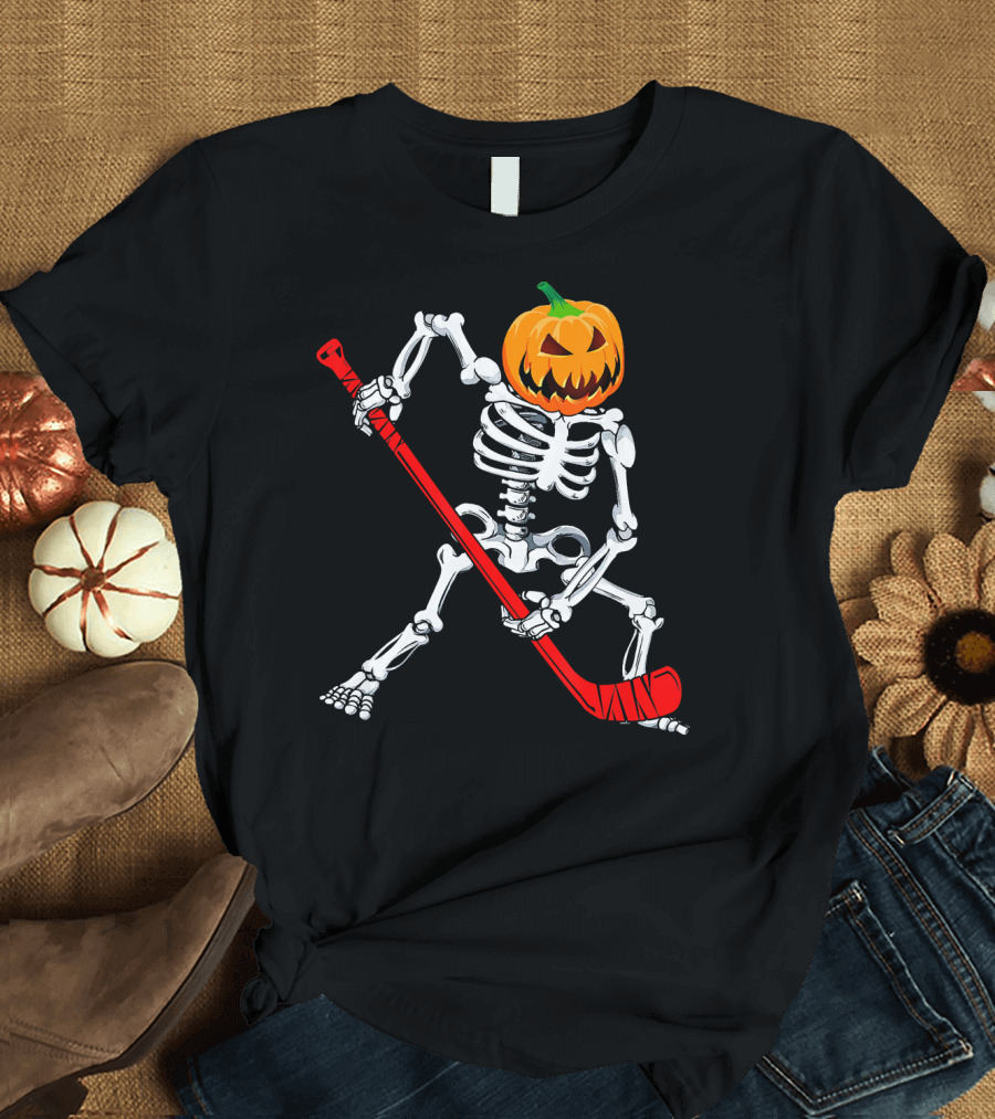 Halloween Skeleton with Pumpkin Head Playing Hockey T-Shirt