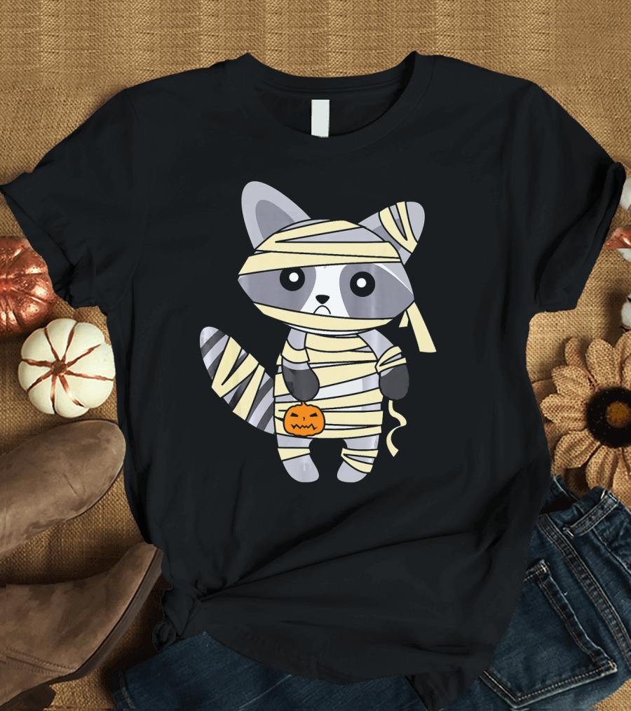 Mummy Raccoon Halloween with Jack-O'-Lantern T-Shirt