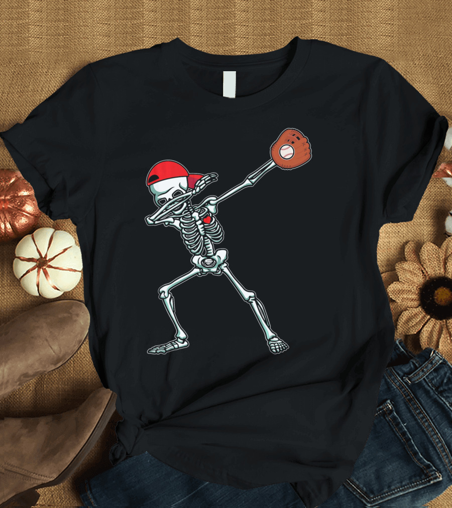 Dabbing Skeleton Baseball Dab Hi Red Cap Glove T-Shirt