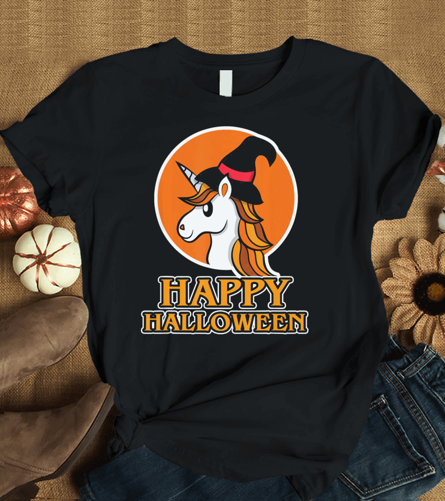 Happy Halloween Unicorn with Witch Hat T-Shirt