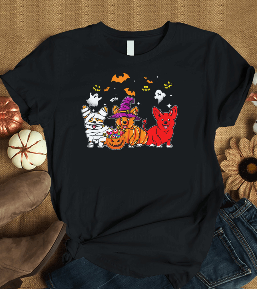 Corgi Dog Halloween Ghosts Pumpkins Mummy Witch T-Shirt