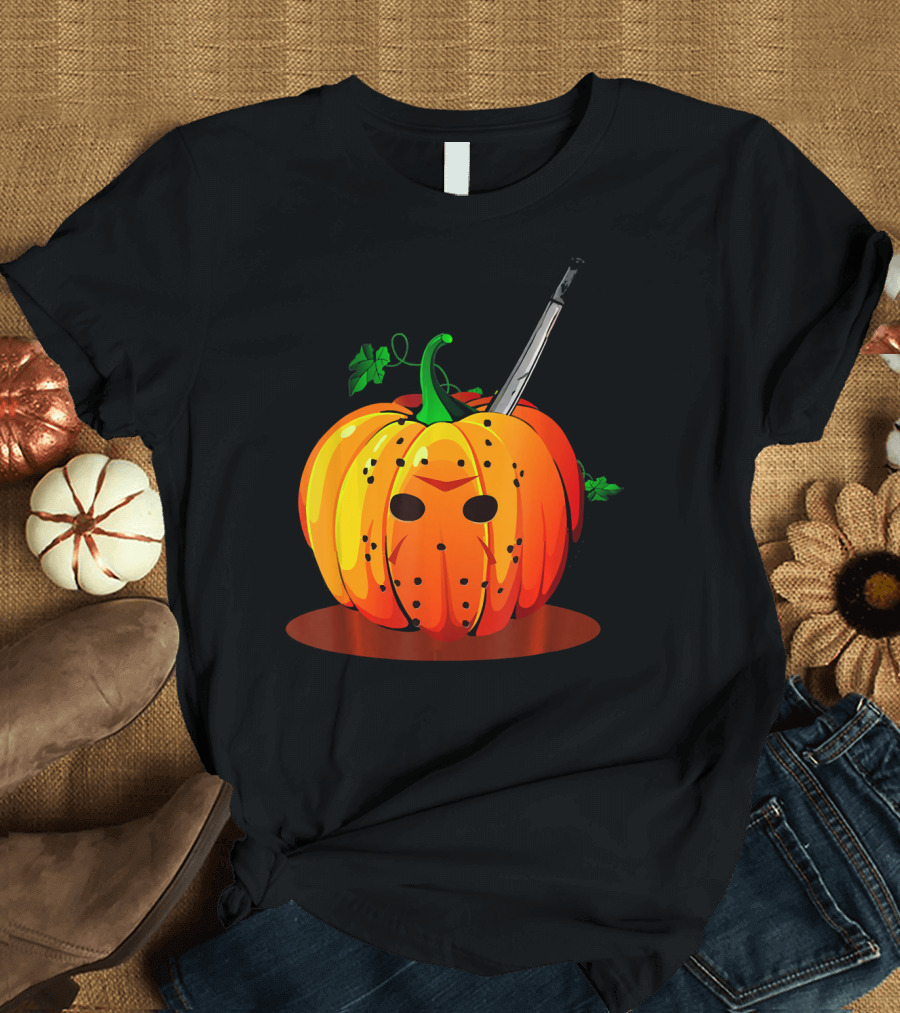 Horror Pumpkin Halloween Scary Face Knife T-Shirt
