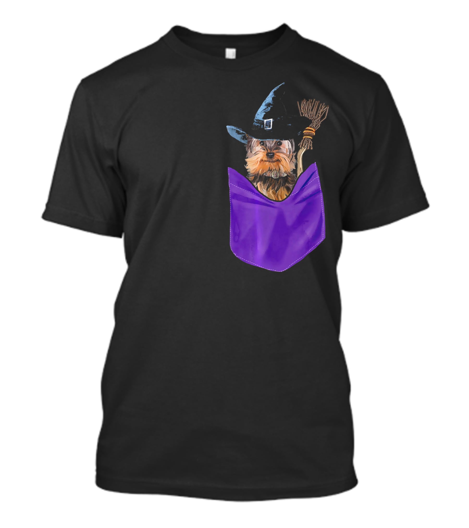 Yorkie Witch In Pocket With Broomstick T-Shirt