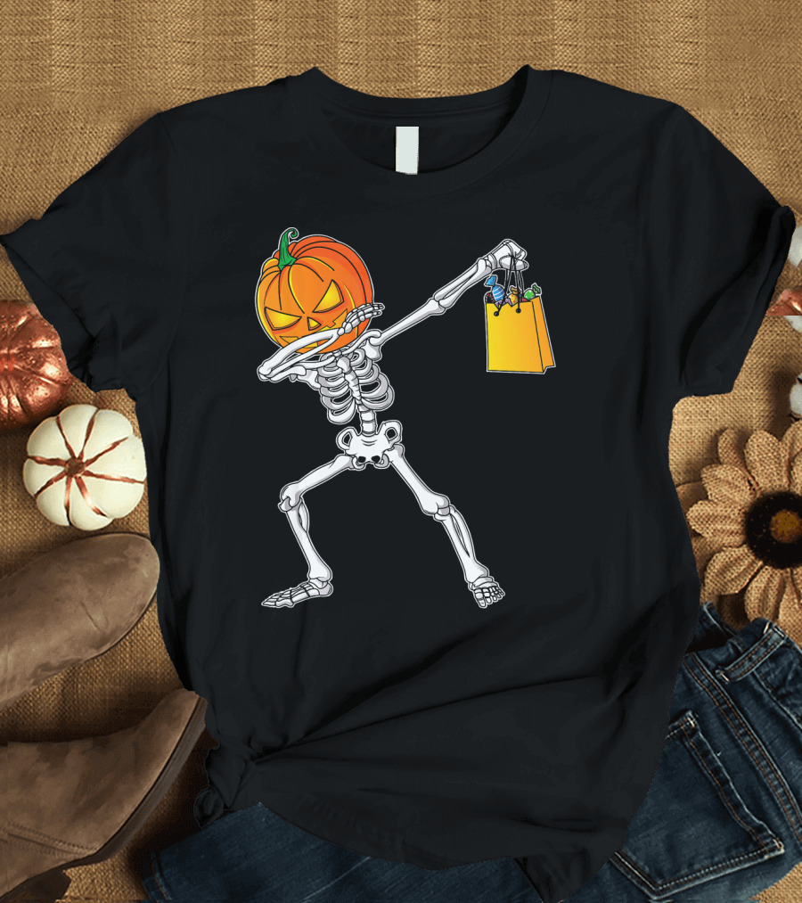 Halloween Kids Pumpkin Skeleton Dabbing with Candy Bag T-Shirt
