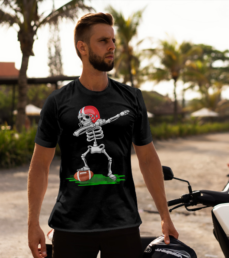 Dabbing Skeleton With Football And Red Helmet For Halloween T-Shirt