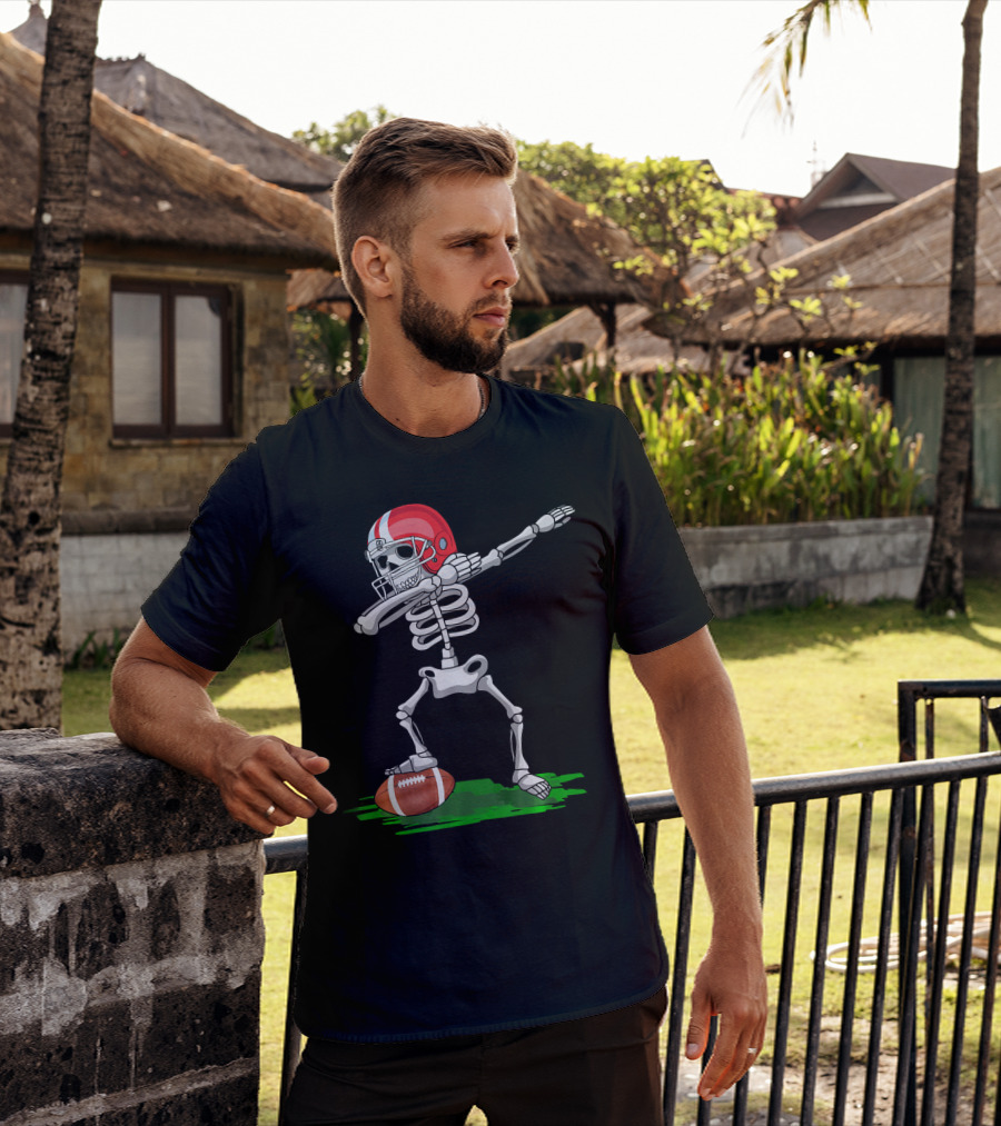 Dabbing Skeleton With Football And Red Helmet For Halloween T-Shirt