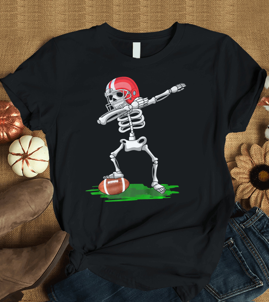 Dabbing Skeleton with Football and Red Helmet for Halloween T-Shirt