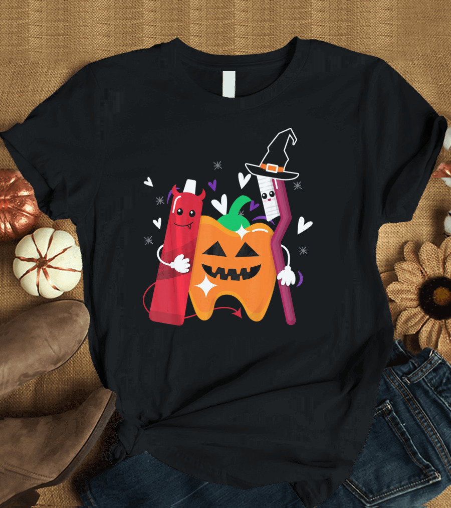 Happy Halloween Costume Toothbrush Tooth with Pumpkin and Toothpaste Characters T-Shirt