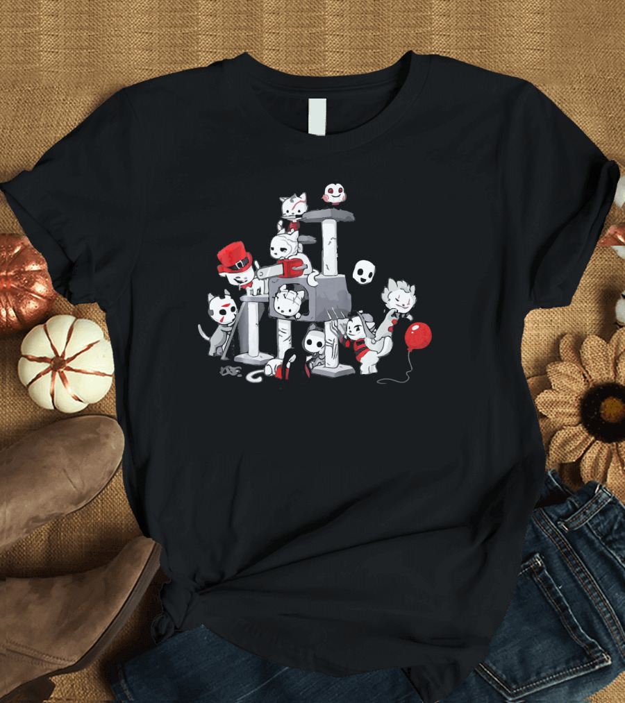 I Love Cats Horror Kitties Climbing Tower with Skull Mask Red Balloon and Top Hat T-Shirt