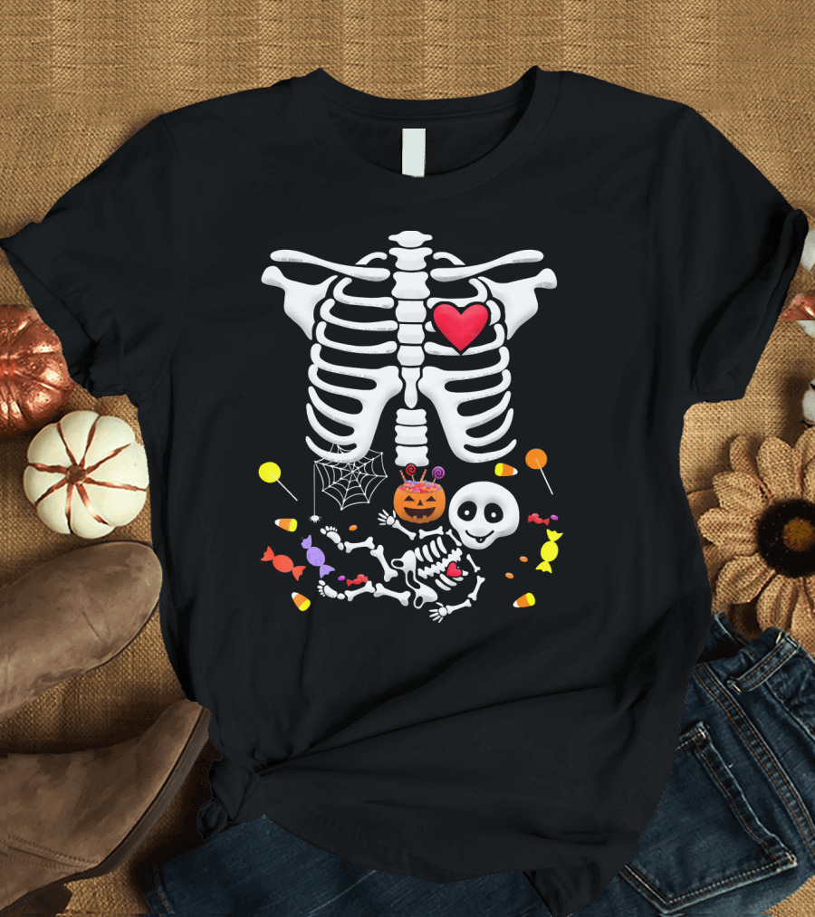 Pregnant Skeleton Heart Candy Pumpkin Halloween T-Shirt