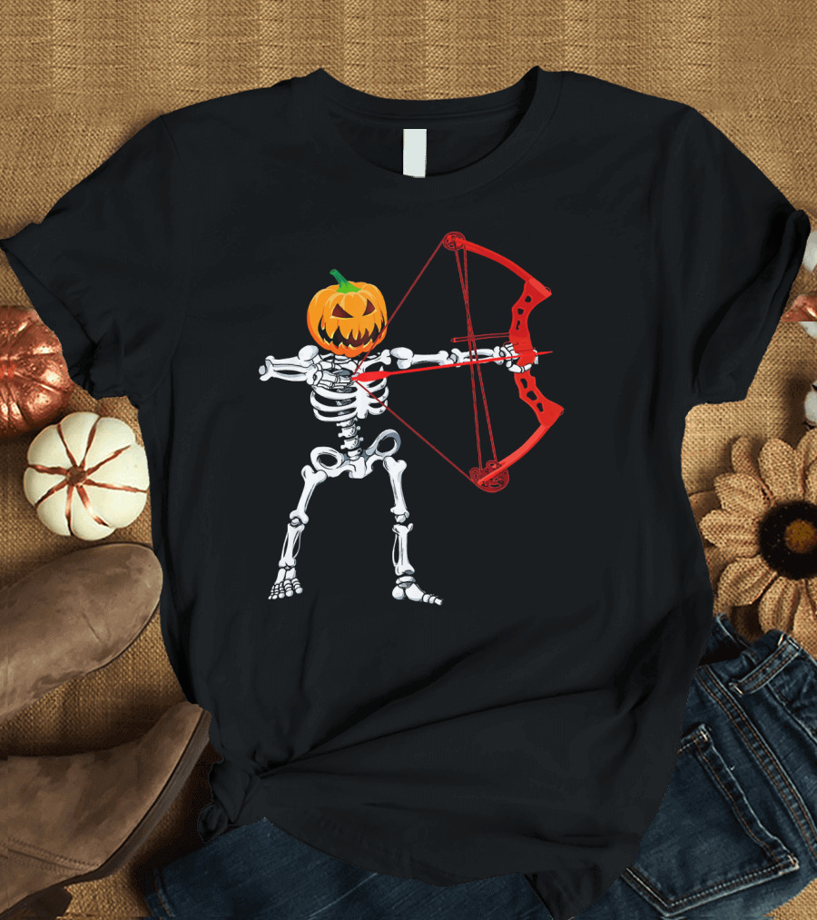 Skeleton Pumpkin Head with Red Bow Archery Halloween T-Shirt
