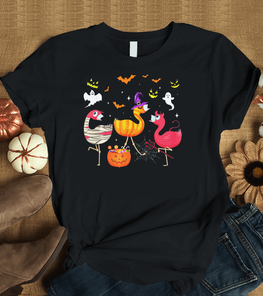 Flamingo Happy Halloween Ghosts and Pumpkins T-Shirt