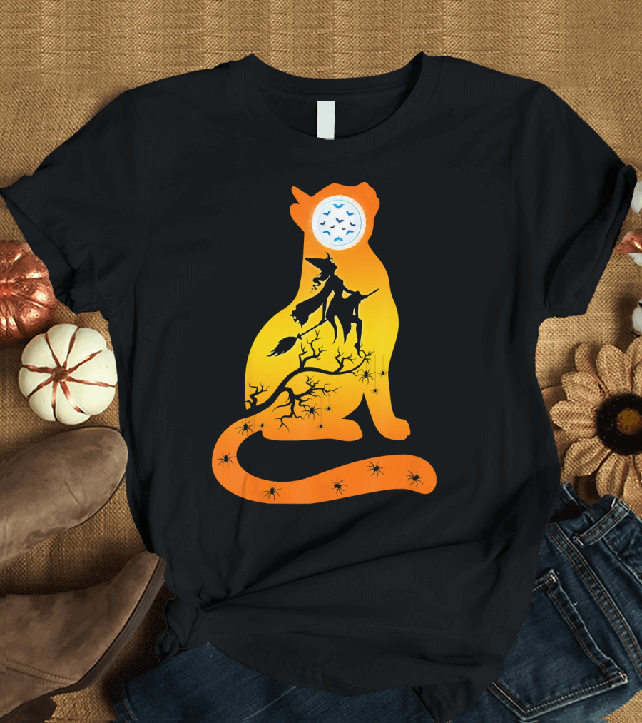 Funny Cat Witch Flying Under Bat Moon with Spooky Webs T-Shirt