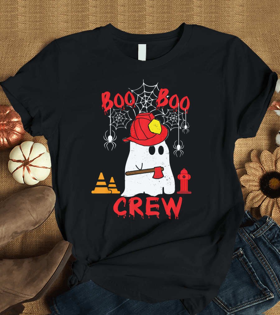 Boo Boo Crew Firefighter Halloween Ghost Spiderwebs and Axe T-Shirt