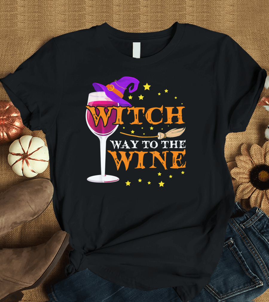 Witch Way to the Wine Halloween Wizard Hat Broomstick Stars T-Shirt