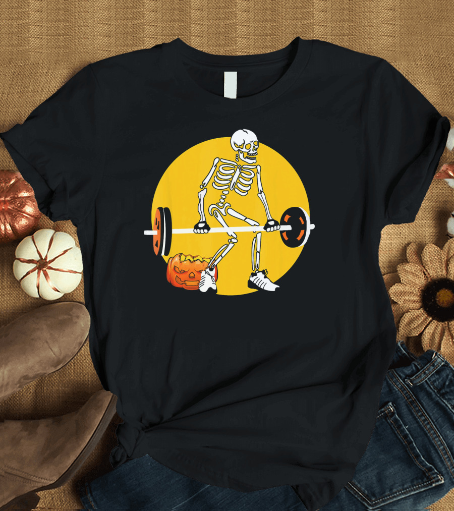 Skeleton Weightlifting with Pumpkin in Yellow Circle T-Shirt