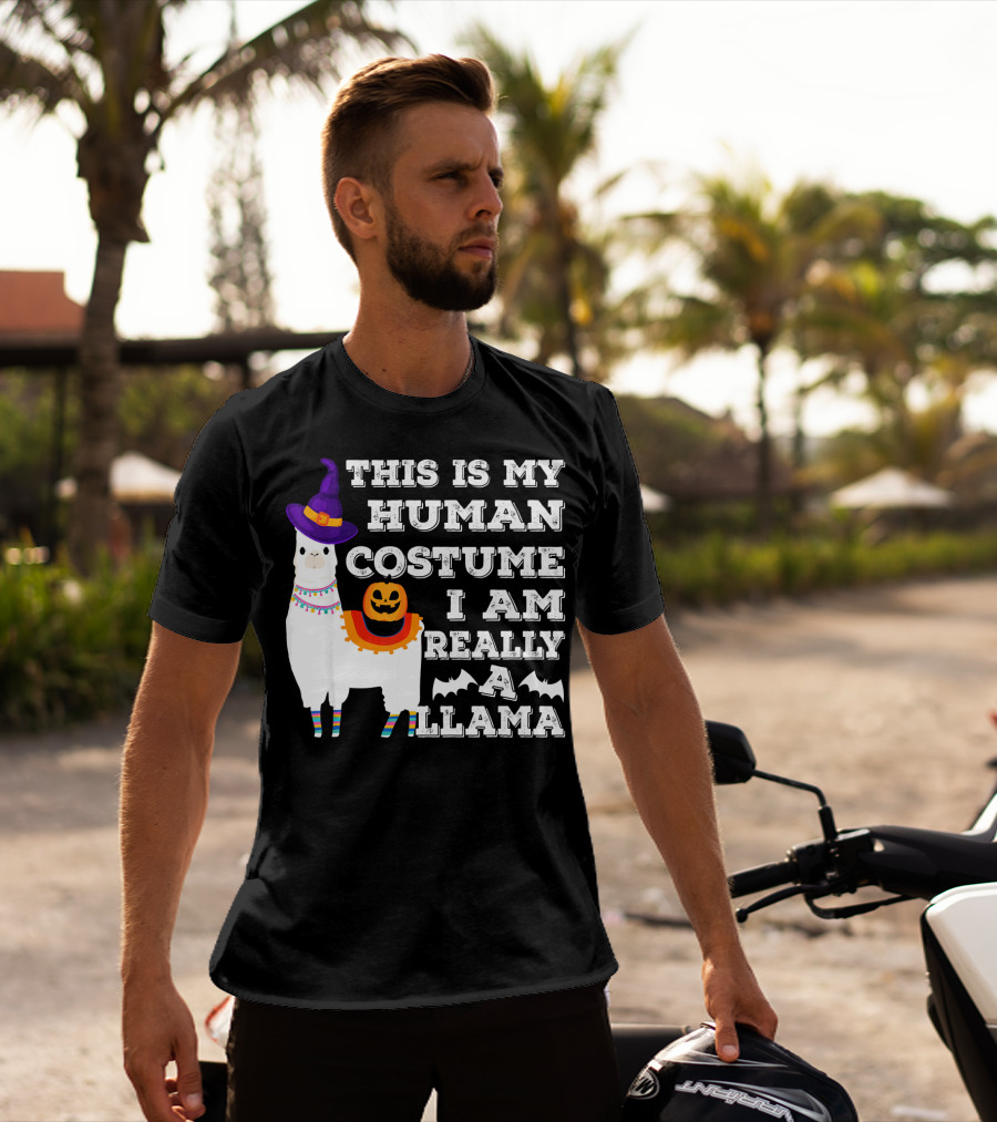 This Is My Human Costume I Am Really A Llama Halloween Witch Hat Pumpkin Bat T-Shirt