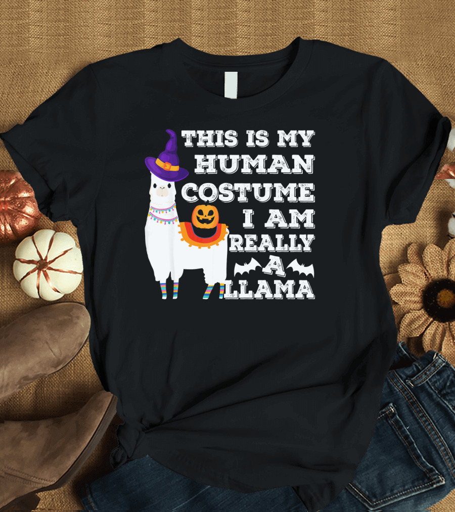THIS IS MY HUMAN COSTUME I AM REALLY A LLAMA HALLOWEEN WITCH HAT PUMPKIN BAT T-Shirt