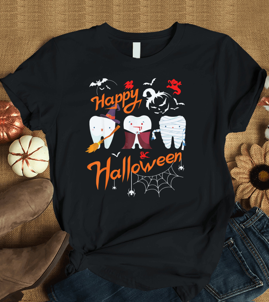 Happy Halloween Witch Vampire Mummy Teeth with Bats and Spiderweb T-Shirt