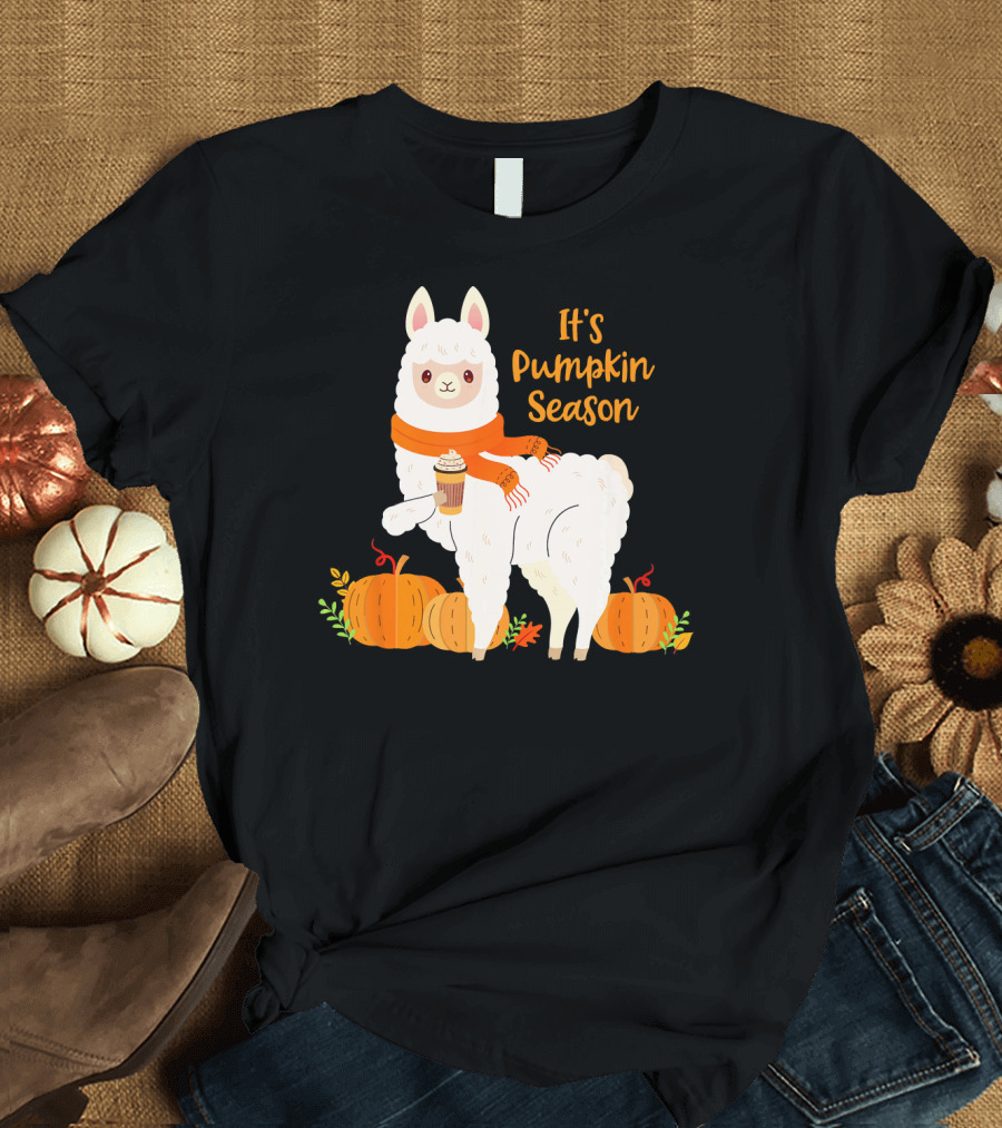 It's Pumpkin Season Llama with Autumn Leaves and Pumpkins T-Shirt