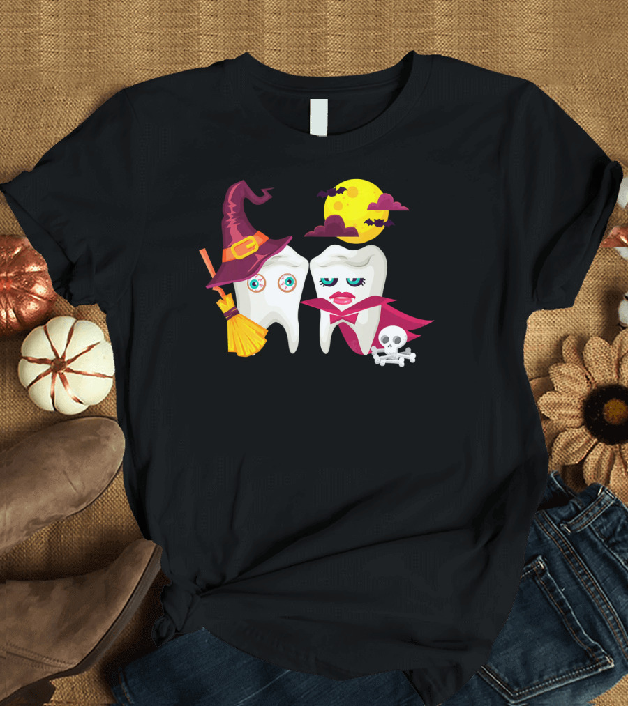 Witch Hat Broom Vampire Teeth Halloween Moon Bats T-Shirt
