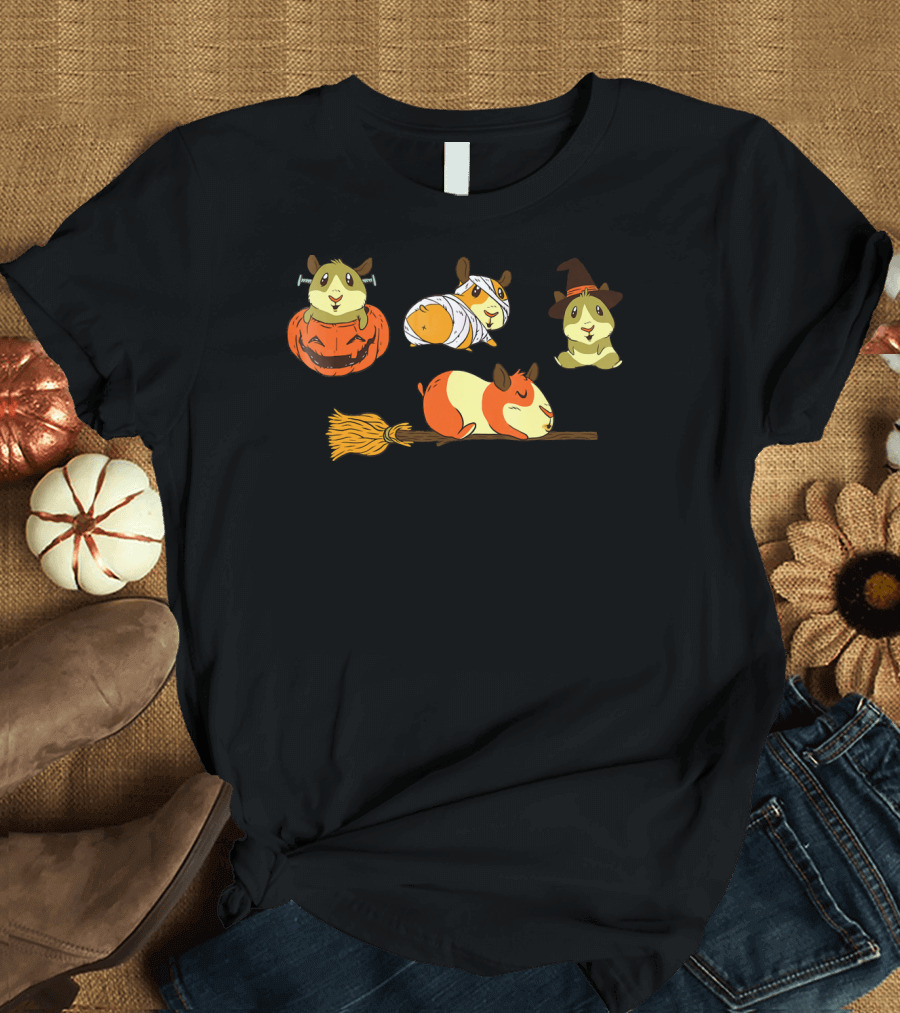 Funny Halloween Guinea Pigs with Witch and Pumpkin Costumes T-Shirt