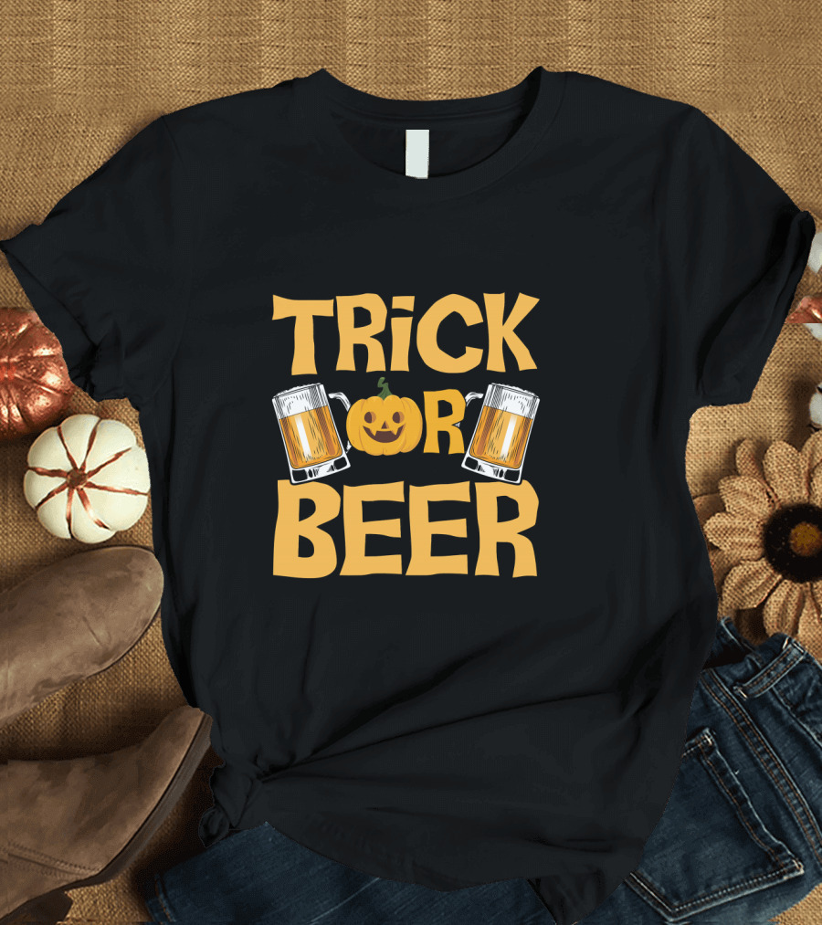 Trick Or Beer Funny Halloween Pumpkin Drinking T-Shirt