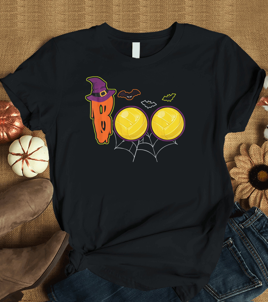 Boo Ghost Volleyball Witch Hat Spiderweb Halloween T-Shirt