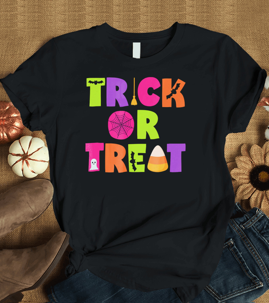 Trick or Treat Bat Broom Spiderweb Ghost Candy Corn Halloween T-Shirt