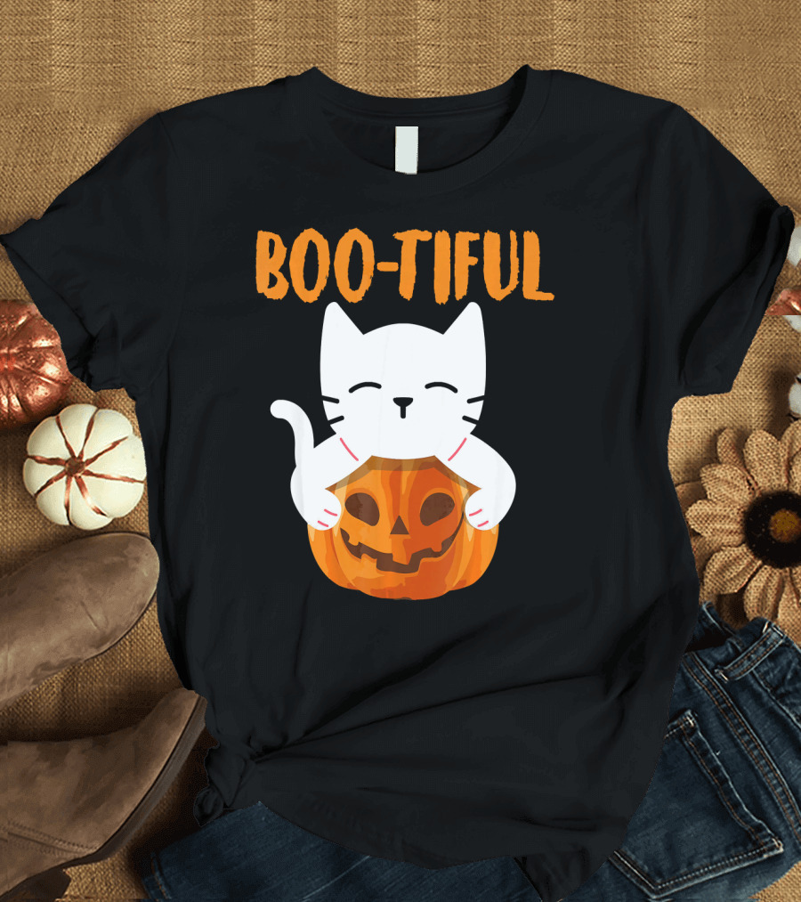 Boo-tiful Cat with Pumpkin Halloween Toddler Girls Boys T-Shirt